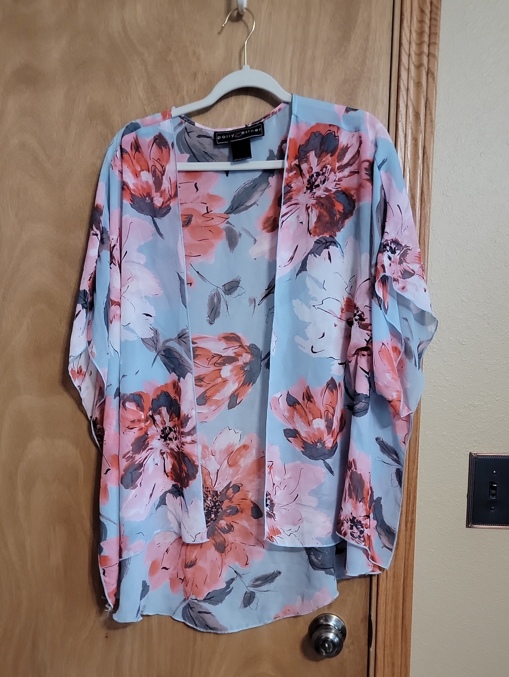 Polly & Esther Pale Blue Floral Kimono Cardigan with Coral-Pink Blooms